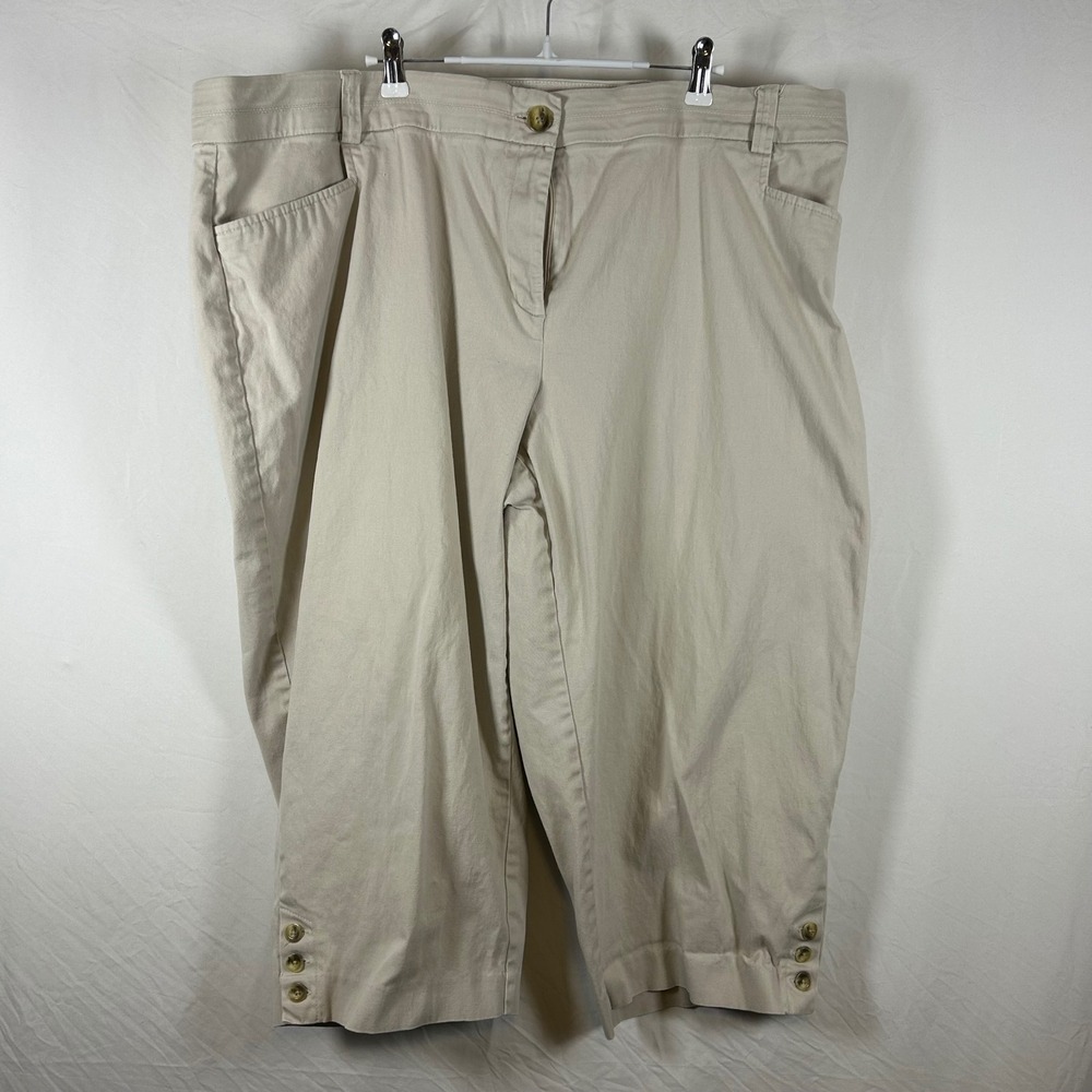 Studio Works Woman Khaki Capri Pants Beige Button Hem Cropped Trousers Plus 22W